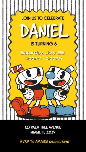 Cuphead Retro Cartoon Birthday Invitation Editable Template