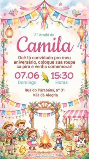 Convite de Aniversário Festa Junina Menina Aquarela Editável
