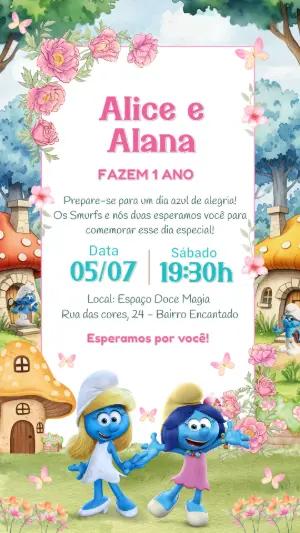 Convite Aniversário Duplo Smurfs Meninas para Editar