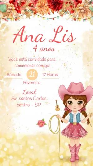 Convite de Aniversário Cowgirl Rosa Infantil para Editar
