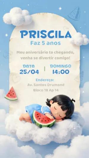 Convite de Aniversário Melancia no Céu Fofo para Editar