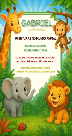 Convite Aniversário Safari com Animais para Editar Online