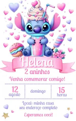 Convite de Aniversário Stitch Menina Rosa Editável