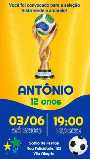 Convite de Aniversário Futebol Brasil Editável Verde e Amarelo