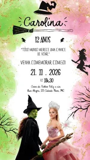 Convite de Aniversário Wicked Editável | Verde e Rosa