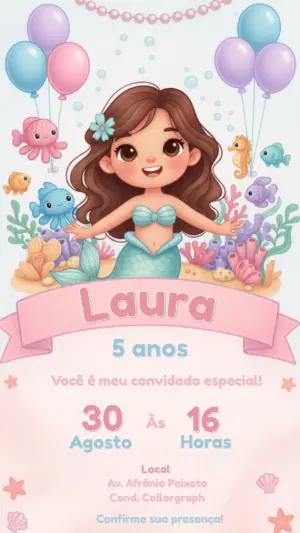Convite Digital Sereia Infantil com Fundo do Mar Editável