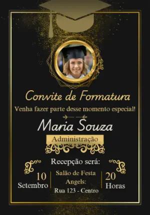 Convite de Formatura Preto e Dourado com Foto para Editar Online
