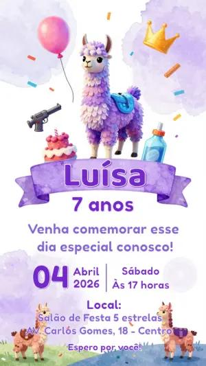 Convite de Aniversário Lhama Gamer Roxo para Editar