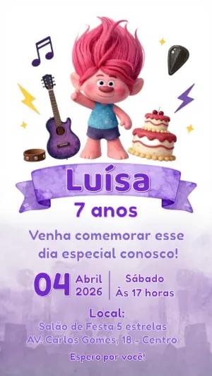 Convite de Aniversário Trolls Rock Star para Editar Online