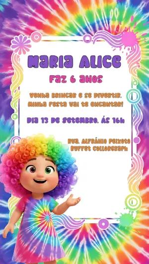 Convite de Aniversário Tie-Dye Arco-Íris para Editar Online
