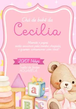 Convite Chá de Bebê Ursinha Rosa e Brinquedos para Editar