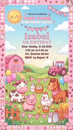 Kawaii Pink Farm Birthday Invitation | Editable Template