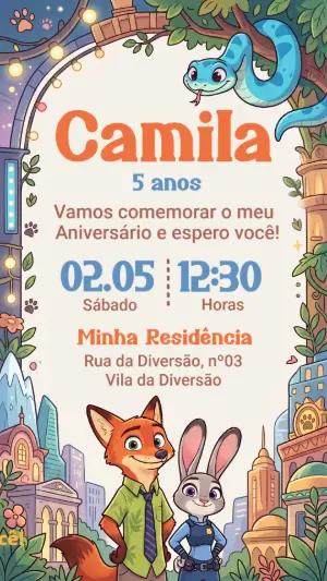 Convite de Aniversário Zootopia Editável para Imprimir ou Enviar