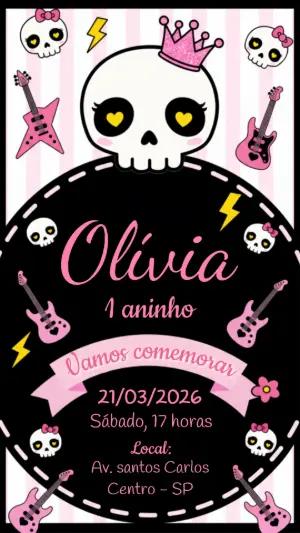 Convite de Aniversário Caveirinha Rock Rosa Editável