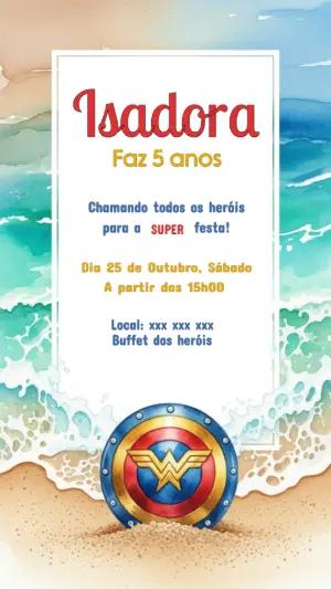Convite Aniversário Mulher Maravilha Praia para Editar Online