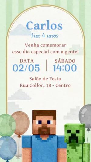 Convite de Aniversário Minecraft Pixelado para Editar