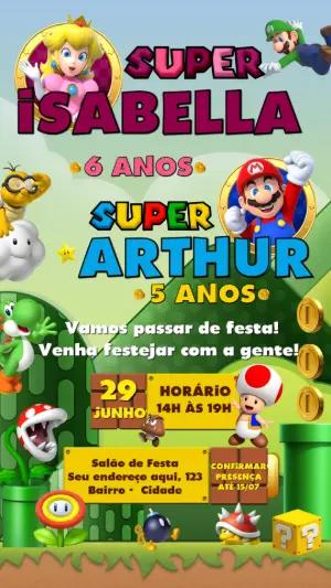 Convite Aniversário Duplo Super Mario e Peach para Editar Online
