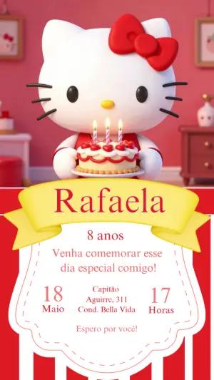 Convite de Aniversário Hello Kitty Rosa 3D para Editar