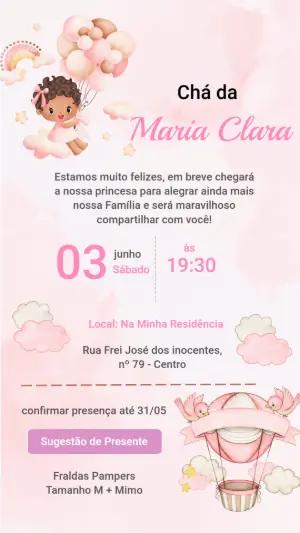 Convite Animado Chá de Bebê Menina com Balões para Editar