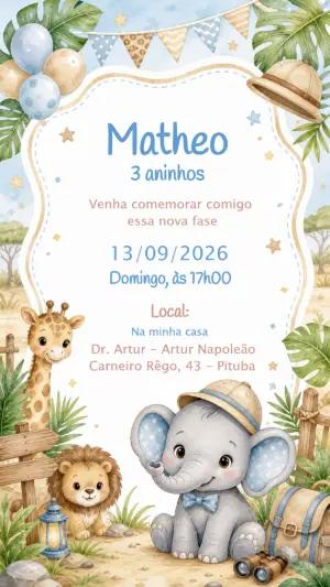 Convite de Aniversário Elefantinho Safari Editável para Menino