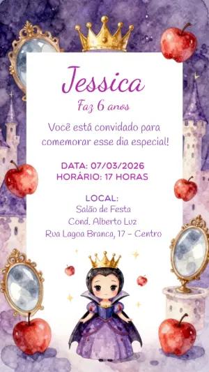 Convite de Aniversário Rainha Má Aquarela Roxo para Editar