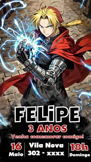 Convite de Aniversário Edward Elric Fullmetal Alchemist Editável