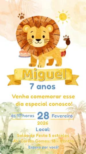 Convite de Aniversário Leão Safari Aquarela para Editar