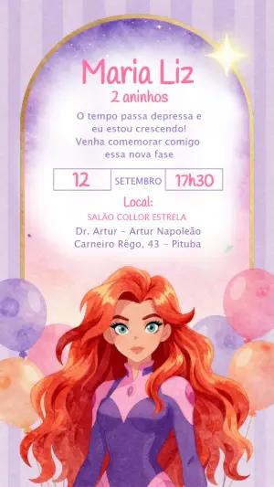 Convite Digital Aniversário Estelar Super-heroína para Editar