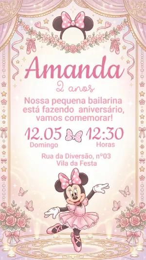 Convite Minnie Bailarina Rosa para Aniversário | Modelo Editável