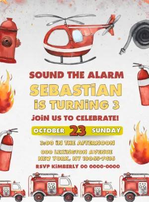 Fireman Birthday Invitation with Fire Truck to Edit Online