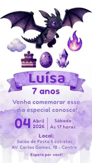 Convite de Aniversário Dragão Roxo e Fofo para Editar