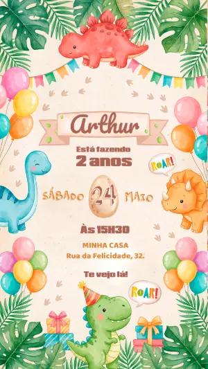 Convite de Aniversário Dinossauro Baby Aquarela para Editar