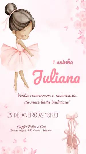 Convite de Aniversário Bailarina Aquarela Rosa Modelo Editável