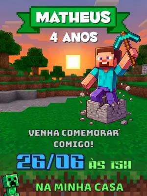 Convite de Aniversário Minecraft Pixelado para Editar