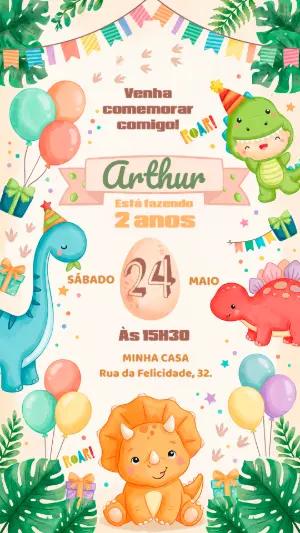 Convite de Aniversário Dinossauro Baby Aquarela para Editar