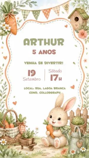 Convite Aniversário Coelhinho no Jardim Aquarela Editável