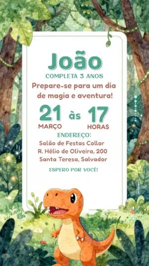 Modelo de Convite Aniversário Dinossauro Aquarela Editável