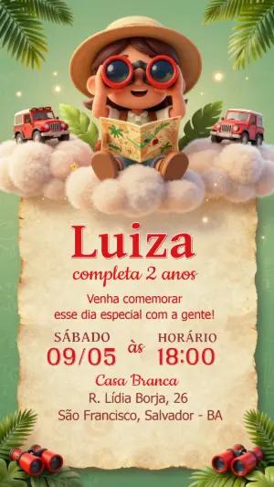 Convite de Aniversário Safari Exploradora Menina Editável