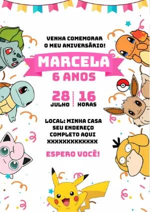 Convite de Aniversário Pokémon com Personagens para Editar Online