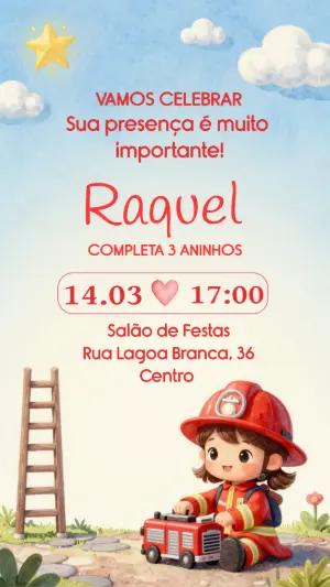 Convite de Aniversário Bombeira Fofo Modelo Editável