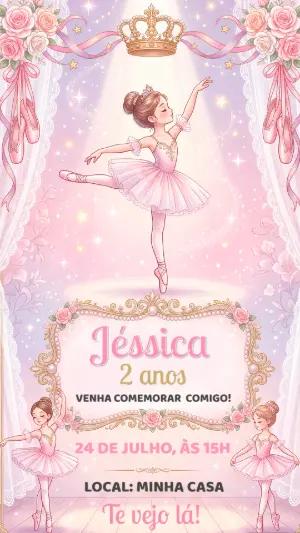 Convite de Aniversário Bailarina Rosa e Dourado Editável