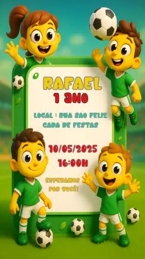 Convite Aniversário Futebol com Bonecos 3D para Editar Online