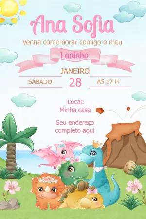 Convite de Aniversário Dinossauro Menina Rosa Editável