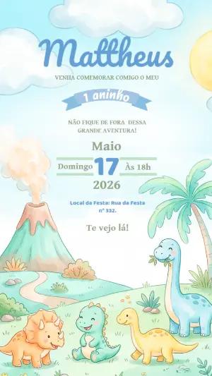 Convite de Aniversário Dinossauro Baby Aquarela Editável