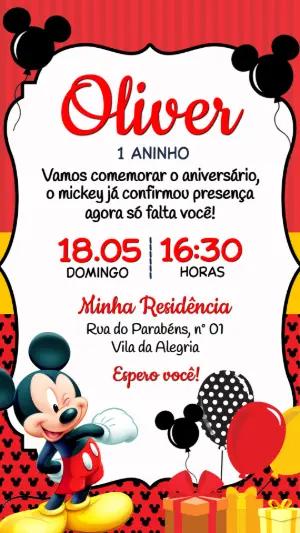 Convite de Aniversário Mickey Mouse Editável para Primeiro Aninho