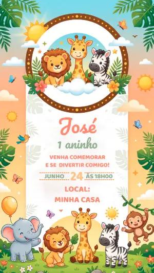 Convite Digital Aniversário Safari Animais Editável