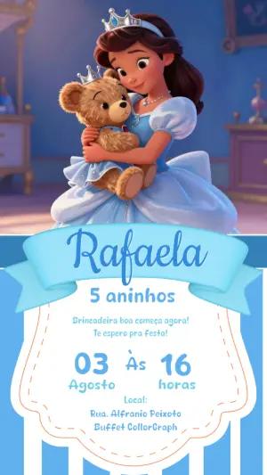 Convite Aniversário Princesa e Ursinho Azul Modelo Editável