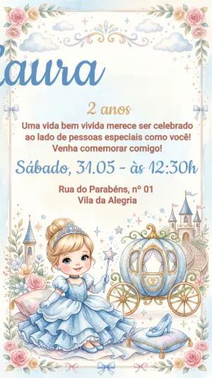 Convite de Aniversário Cinderela Baby em Aquarela Editável