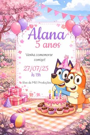 Convite de Aniversário Bluey e Bingo Rosa para Editar