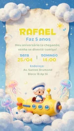 Convite de Aniversário Infantil Submarino Fofo para Editar